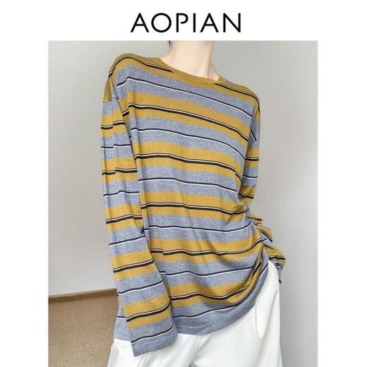 奥篇【撞色条纹】可水洗真丝羊毛混纺 宽松廓形圆领复古条纹针织衫 商品图3