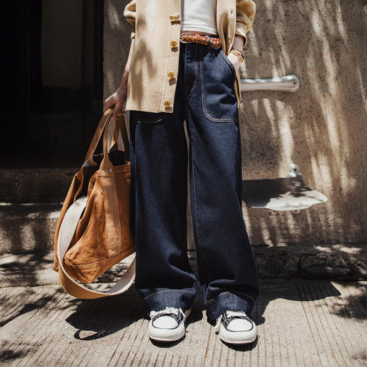 马登美式巴黎扣丹宁蓝原色中腰宽松直筒阔腿拖地卷边牛仔裤女士秋 商品图3
