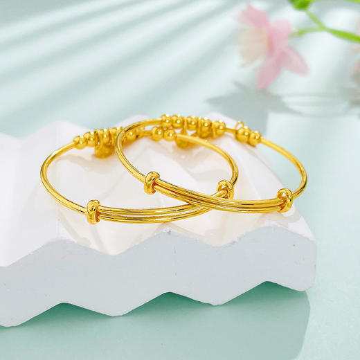 【限时克减150元】足金999.9 #儿童/宝宝 #萌宝岁礼 【精品】空心串珠圆管推拉平安喜乐吉言字牌流苏童镯宝宝镯BB镯/对(BPWTZ00006)预售产品下单后不退款不退货不换货不补差价 商品图2