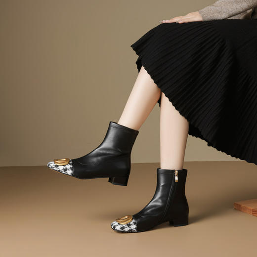 【预售5天】小香风拼色千格鸟短靴女秋冬新款方头低跟靴子金属扣侧拉链瘦瘦靴OFSM&OFSM6659 商品图3