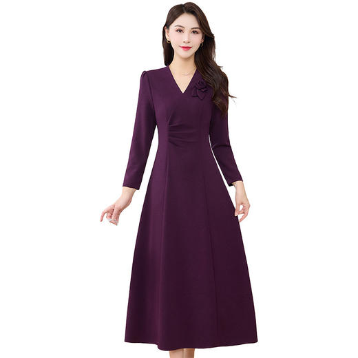 QYMXYKL-26805-Y连衣裙女2025年新款中年妈妈装长袖V领中长款紫色A字裙 商品图4