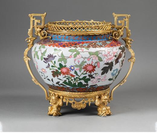 独角鹿西洋古董法国东方风格神兽回纹铜鎏金精雕镶嵌日本造花卉主题铜胎掐丝珐琅花盆套古董摆件 商品图2