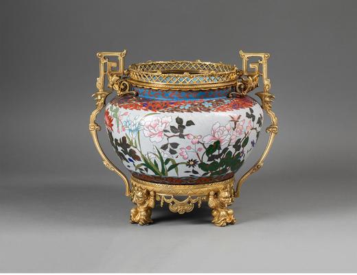 独角鹿西洋古董法国东方风格神兽回纹铜鎏金精雕镶嵌日本造花卉主题铜胎掐丝珐琅花盆套古董摆件 商品图0