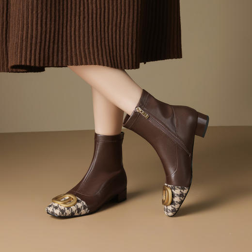 【预售5天】小香风拼色千格鸟短靴女秋冬新款方头低跟靴子金属扣侧拉链瘦瘦靴OFSM&OFSM6659 商品图0