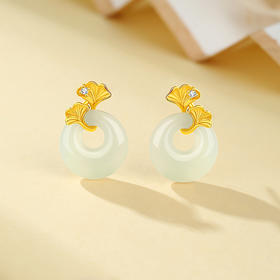 Winy S925银银杏平安扣和田玉耳饰配证书送女友闺蜜节日生日礼物