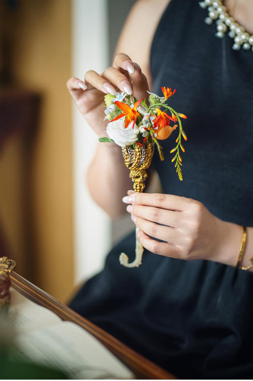 独角鹿西洋古董1850-1880年代法国出品麦穗主题铜鎏金精雕母贝手柄捧花棒 商品图1