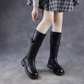 ZM 258661复古厚底骑士靴显瘦圆头皮带扣粗跟长筒靴