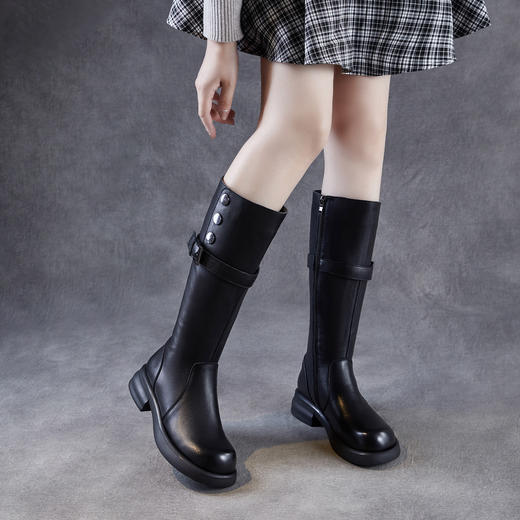 ZM 258661复古厚底骑士靴显瘦圆头皮带扣粗跟长筒靴 商品图0