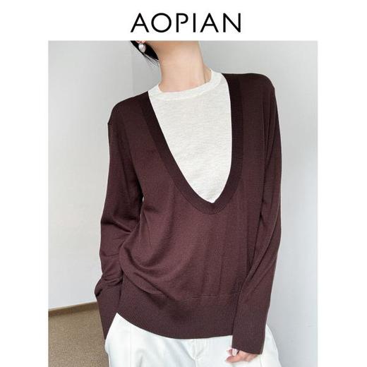 奥篇【1920S系列】撞色假两件U领式混纺羊毛针织衫 商品图1