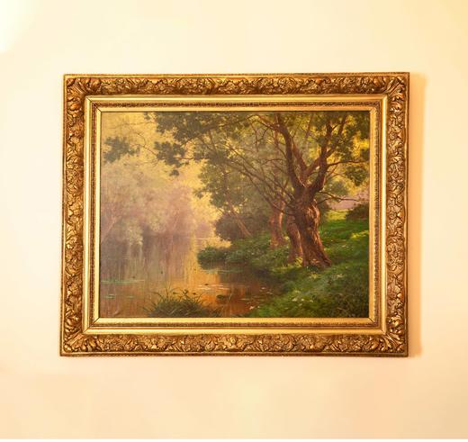 独角鹿西洋古董法国画家René Charles Edmond His签名创作河畔风景主题布面古董油画 商品图0