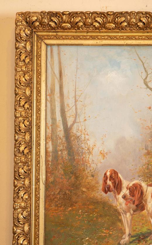独角鹿西洋古董法国画家Eugène Petit签名创作动物主题布面油画《猎犬》 商品图2
