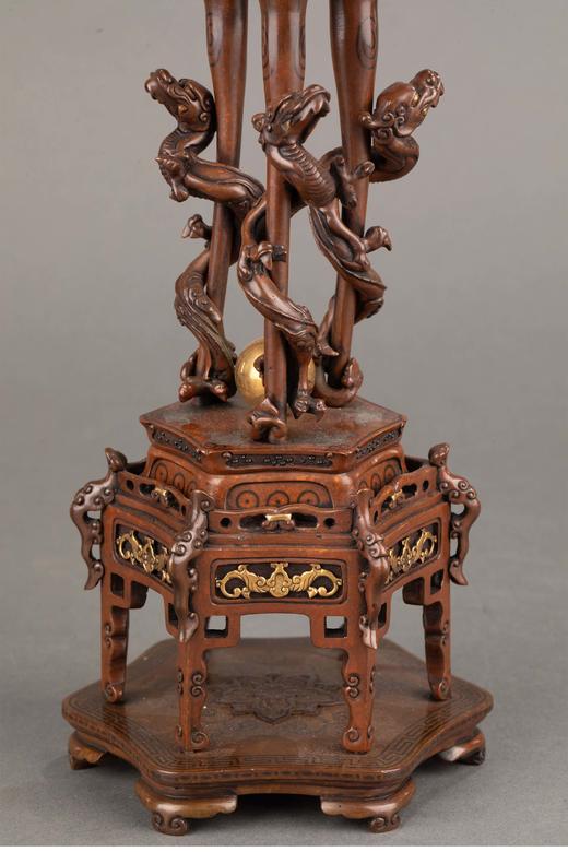 日本回流 日本明治时期出品祥云瑞兽主题镀金银精雕装饰麒麟顶盖及盘龙三足底座赤铜香炉一对 商品图4