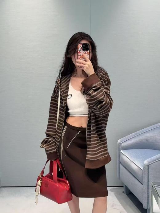 缪缪  25fw早秋新款 咖色条纹棉质拉链连帽卫衣外套（DQJ*MM） 商品图14