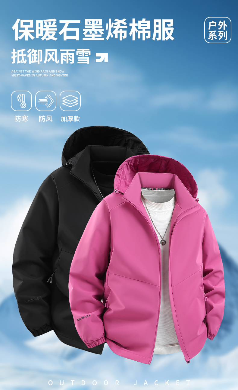 2025冬季新款保暖石墨烯 情侣款立领帽可拆休闲百搭厚外套 防风防水户外男女款棉服BSF5111