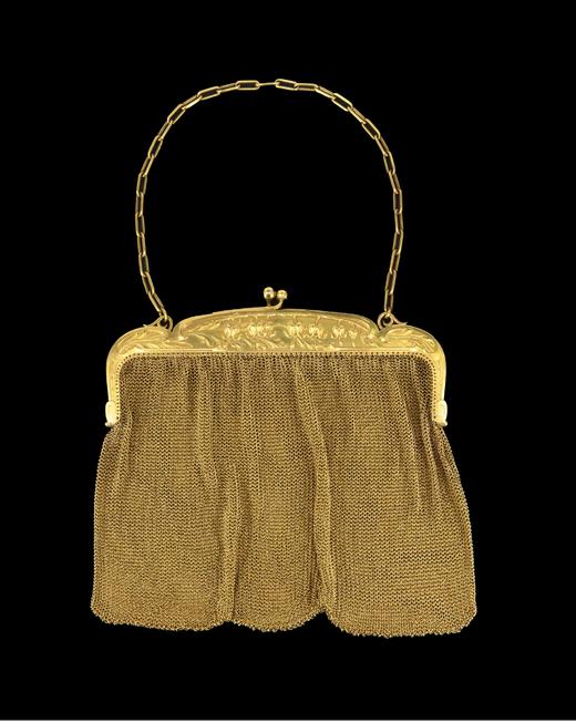 独角鹿西洋古董法国出品自然花叶纹精雕装饰18K黄金网状编织晚宴包 商品图0