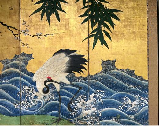 独角鹿西洋古董18世纪日本江户时期出品狩野派风格「竹岸群鹤」主题金地纸本设色六曲古董屏风 商品图3