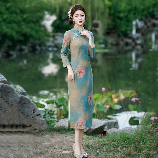 SC22038妈妈装国风中式长款苏州秋季长袖旗袍2025新款女复古修身收腰秋冬 商品图1