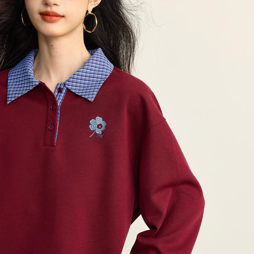 【09/10新品】熙世界学院风撞色格纹拼接POLO领上衣女士假两件卫衣2025秋装新款 商品图4