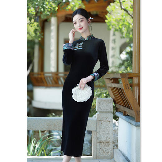 SKY 282225时尚拼接丝绒复古国风改良新中式日常可穿旗袍 商品图1