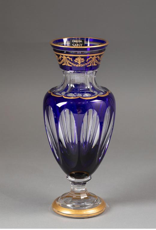 独角鹿西洋古董法国著名水晶工坊圣路易出品Balustre款花叶纹24K描金修饰蓝色水晶精雕古董花瓶 商品图0