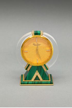 独角鹿西洋古董法国知名钟表品牌Hour Lavigne签名出品装饰艺术风格孔雀石底座嵌钻石装饰水晶及黄金表盘座钟