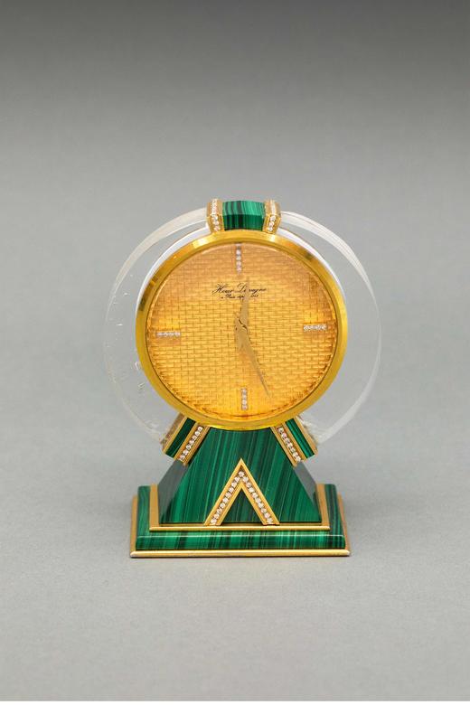 独角鹿西洋古董法国知名钟表品牌Hour Lavigne签名出品装饰艺术风格孔雀石底座嵌钻石装饰水晶及黄金表盘座钟 商品图0