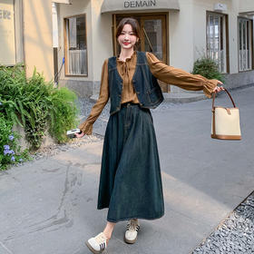 时尚休闲复古牛仔马甲+衬衫+半裙三件套裙HR-YINXX6618