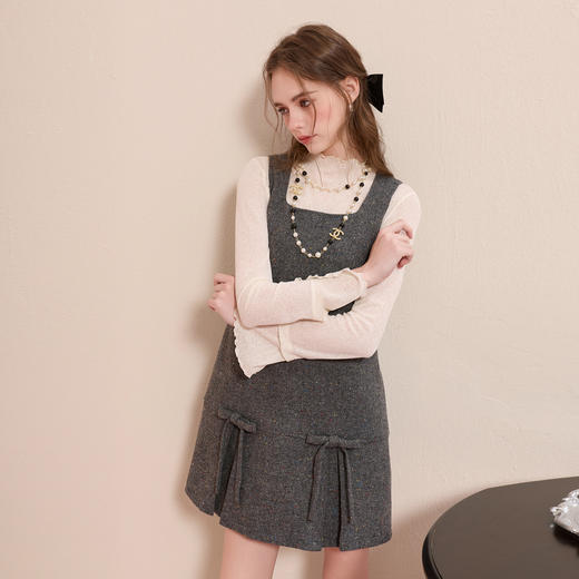 【绵羊毛】三彩2025冬季新款方领蝴蝶结毛呢连衣裙无袖背心裙M 商品图3