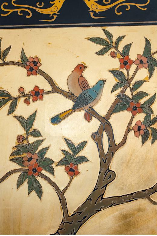 【已售】独角鹿西洋古董20世纪中期中国出品「富贵花鸟」主题金地款彩雕漆双面四曲隔断装饰屏风 商品图5