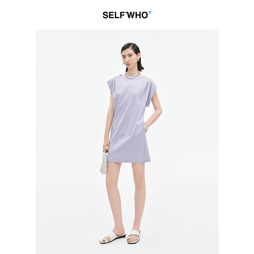 SELFWHO纯棉一字肩连衣裙女2025夏新款气质显瘦双折裥设计倒梯裙 商品图2