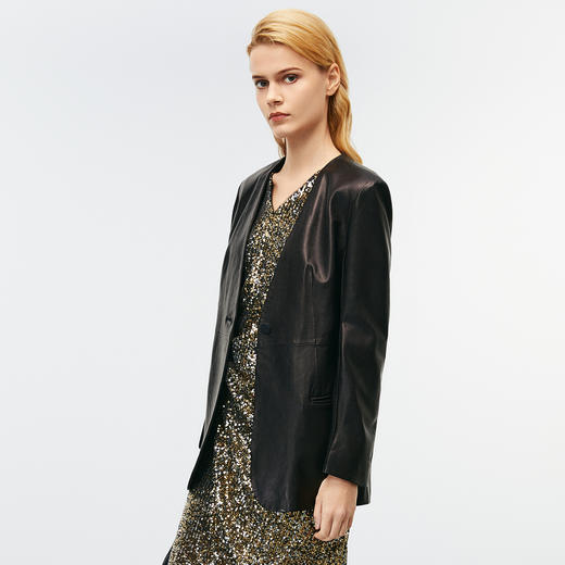 EITIE爱特爱秋季新款时尚休闲收腰显瘦黑色皮衣外套7993601 商品图2