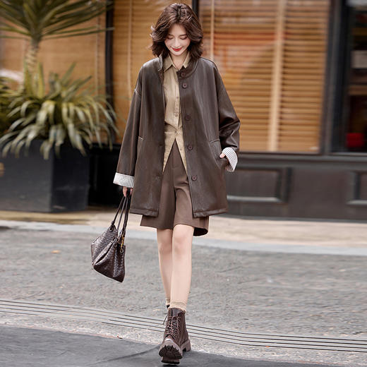 休闲风皮衣外套复古长袖，百搭条纹袖拼接中长款上衣HR-MLJL17029 商品图2