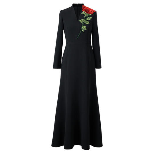 YBY Y513优雅气质明艳红玫瑰刺绣黑色连衣裙 商品图4