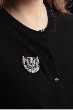 独角鹿西洋古董法国出品装饰艺术风格铂金镶嵌蓝宝石及钻石古董胸针