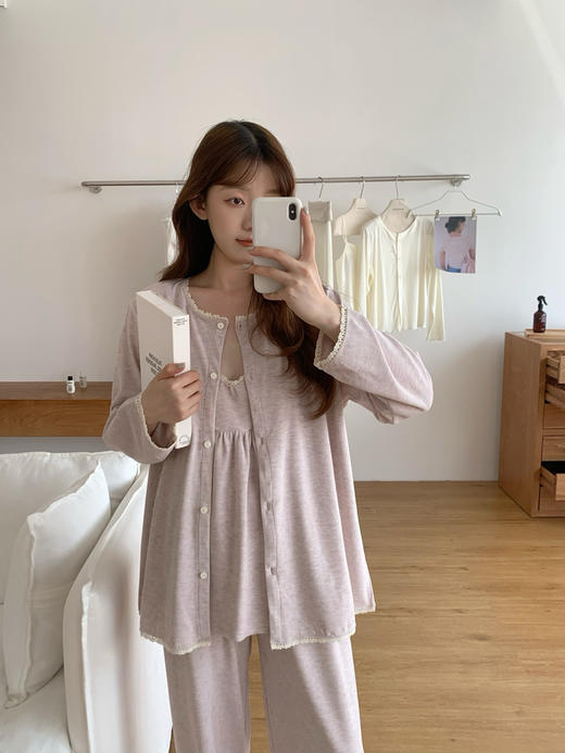 日系双面绒！秋冬素织糯糯绒睡衣三件套 带胸垫可外穿家居服吊带+长裤+外袍 加绒加厚网红风 商品图3