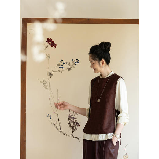 牧衣游原创 重磅24姆米提花香云纱马夹复古东方文艺百搭上衣 之行 商品图1