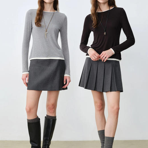 日本进口东洋纺致绸牛奶蛋白山羊绒自发热假两件长袖t恤 撞色拼接设计 手感柔软，经典圆领修饰脖颈曲线；150g克重轻膨体面料，自带高级微光泽感 商品图3