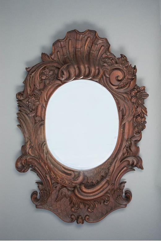 独角鹿西洋古董法国出品路易十五风格古典花卉卷叶主题胡桃木精雕挂镜 商品图0