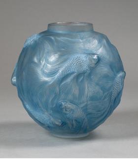 独角鹿西洋古董法国顶级水晶工坊莱俪LALIQUE设计出品「Formose 锦鲤」主题蓝色欧泊水晶花瓶古董摆件