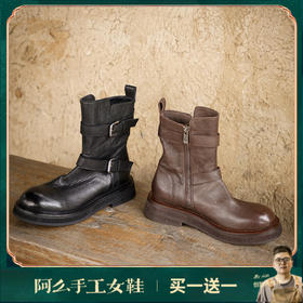 【阿么古纹马皮鞋】水洗复古皮带扣单靴2025新款短筒机车靴女3.5CM