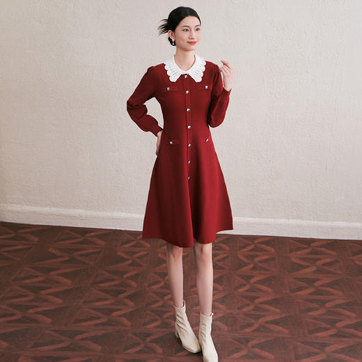 「自」全新升级【铂金会员413/天猫559/差价146】(72657)洛诗琳新款法式撞色镂空翻领连衣裙2025秋季修身显瘦针织裙 商品图2