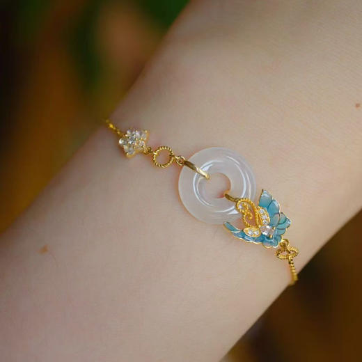 龢盒原创 9k金镶白冰翡翠平安圈耳环手链套装 商品图3