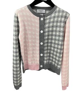 女款拼色格纹针织开衫毛衣022