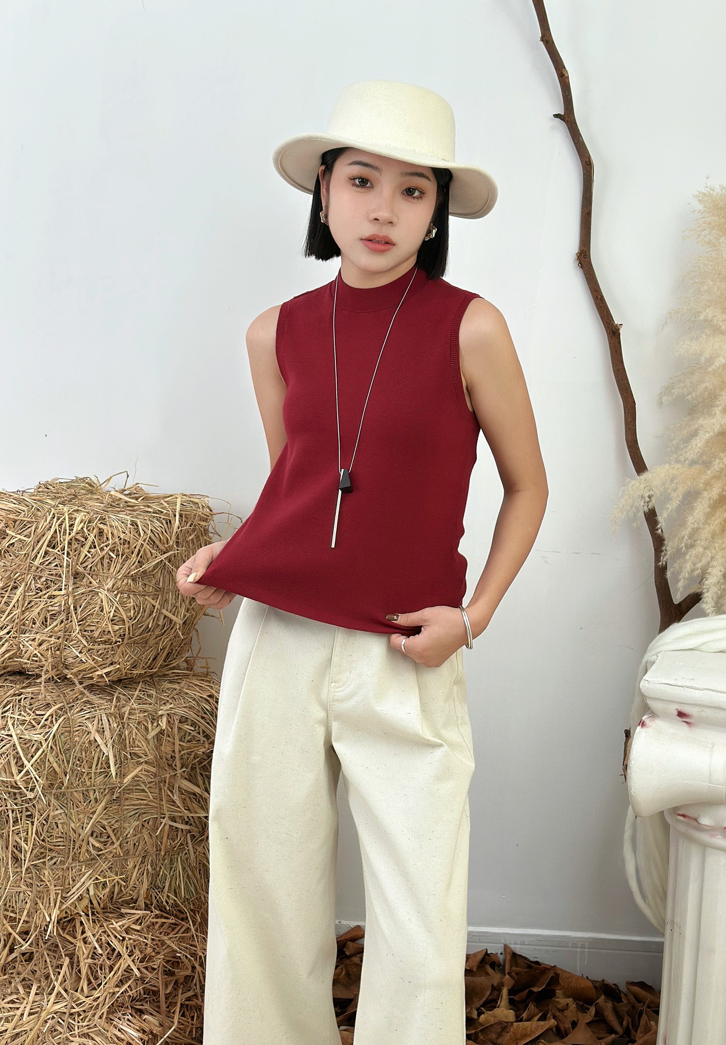 M54033#气质半高领毛织双色背心