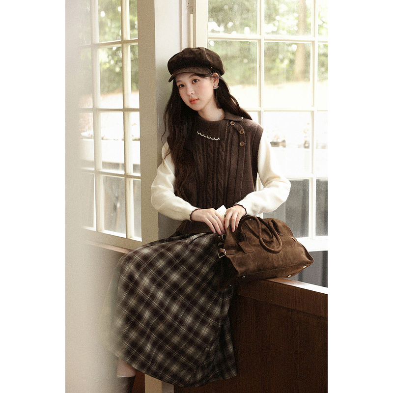 鹿向南「枫叶特调」假两件长袖咖色好看毛衣秋季新款不规则上衣女