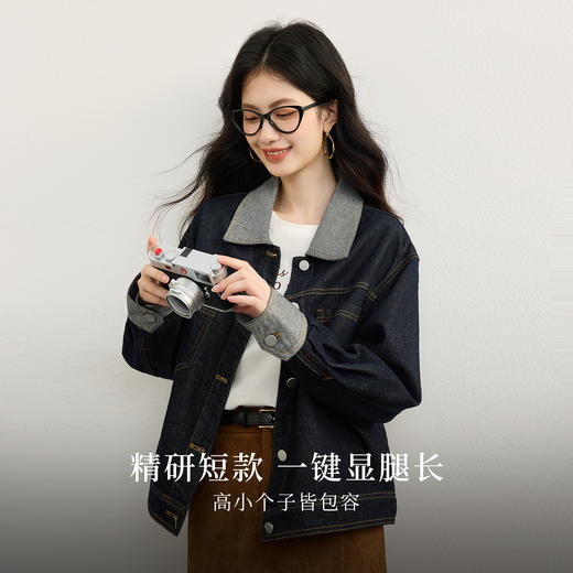【09/10新品】熙世界复古巴恩风撞色翻领牛仔外套女小个子短款上衣2025秋季新款 商品图1