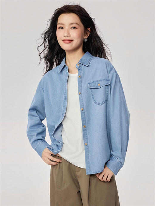 佐丹奴牛仔衬衫女新款复古风纯棉洗水单口袋长袖牛仔衬衣13345862 商品图4