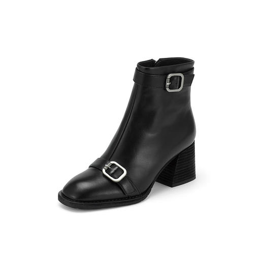 westory2024秋冬新款法式百搭真皮复古舒适皮扣粗跟短靴女W24DS84461 商品图1