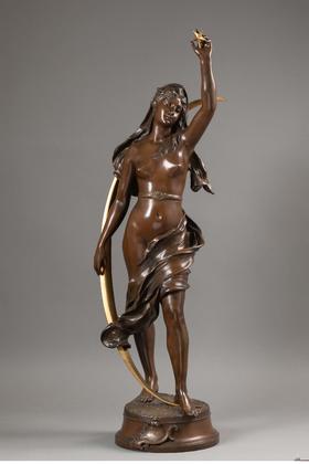 独角鹿西洋古董19世纪法国雕塑艺术家Henri Levasseur签名创作出品人物主题青铜鎏金雕塑艺术摆件