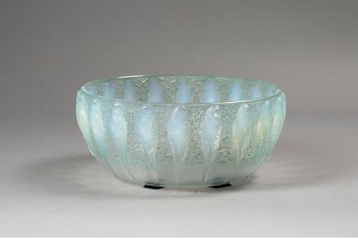 独角鹿西洋古董法国顶级水晶工坊莱俪LALIQUE设计出品「Perruches 鹦鹉」主题蓝绿色欧泊水晶碗古董摆件 商品图0